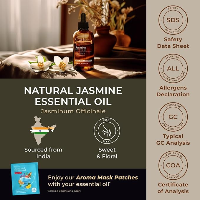 Gya Labs Jasmine Essential Oil for Diffuser - Huge 4 Fl Oz - 100% Pure Natural Jasmine Oil for Diffuser, Skin, Hair, Massages, Aromatherapy & Candle Making Scent