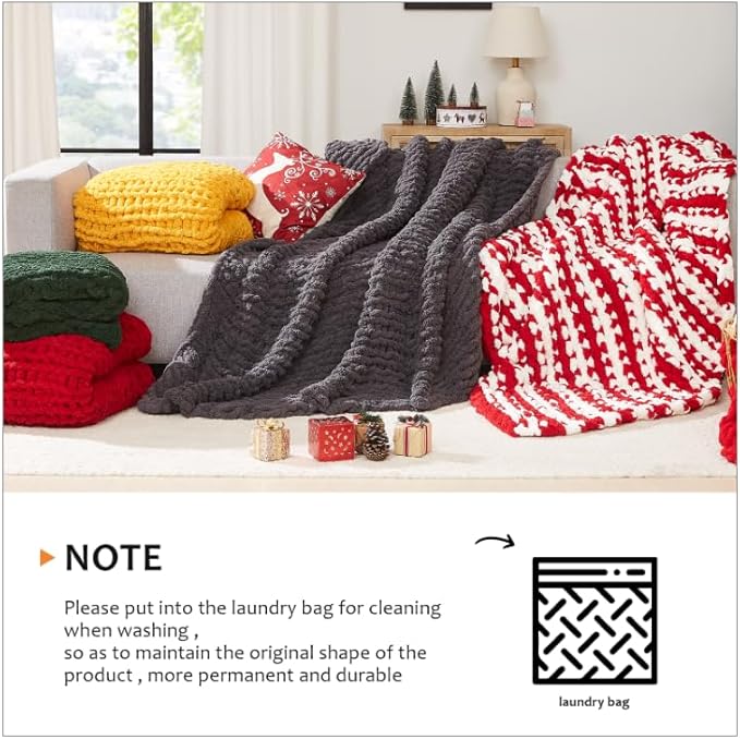 L'AGRATY Chunky Knit Blanket Throw: 60''x80'' Chenille Chunky Knitted Throw Blanket for Bed Couch - Handmade Thick Big Cable Knit Blanket - Large Crochet Rope Blanket for Home Decor(Tan)