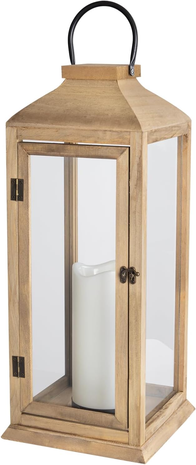 Bdor 2 Pack Lanterns Decorative - 27.5in New Zealand Pine Lanterns Decorative with Flameless Pillar Candles, Decorative Lanterns for Home Decor, Indoor Outdoor, Front Porch, Garden, Farmhouse Style