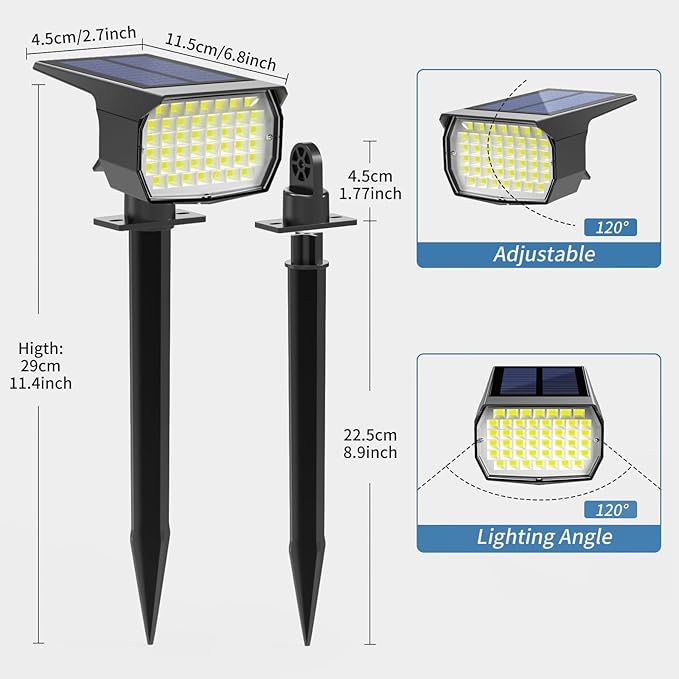 Solar Spot Lights Outdoor Waterproof IP65, 2 Pack Landscape Spotlights with 46 LEDs, 3 Modes Auto On/Off Solar Powered Flood Lights for Outside Pathway, Yard, Garden, Walkway (Cool White)