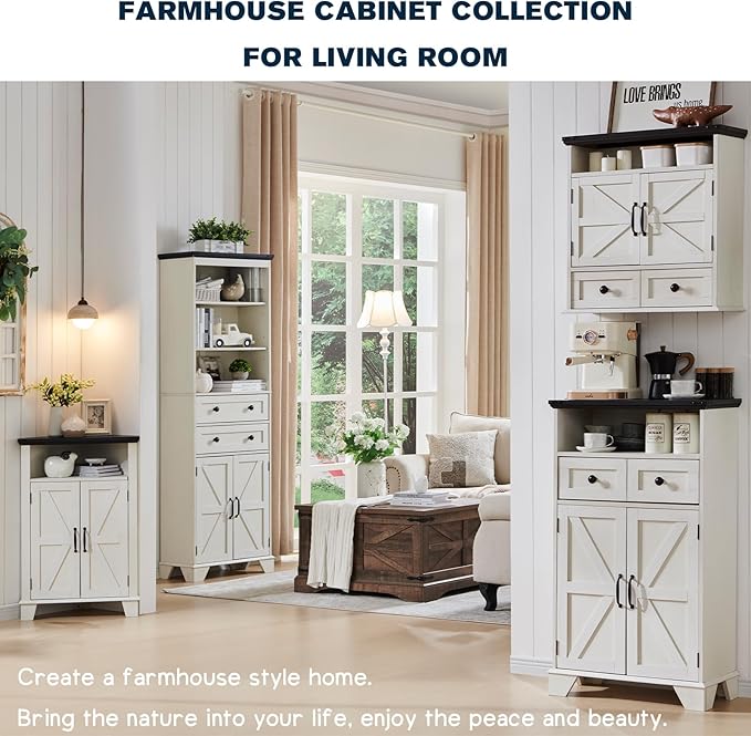 Bathroom Floor Cabinet, Farmhouse Storage Cabinet, 24" Wide Cabinet with Drawer, Adjustable Shelf, Barn Doors, Cabinets for Bathroom, Kitchen, Living Room, Off White