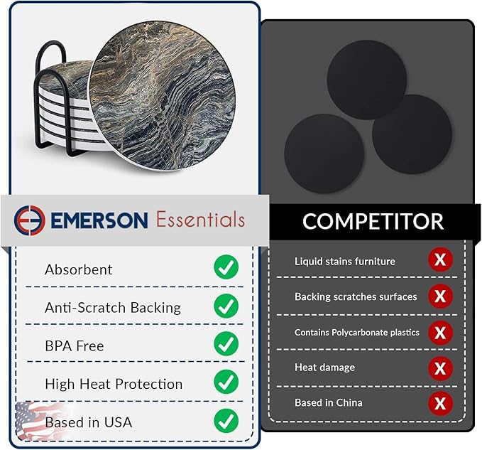 Emerson Coasters for Drinks Absorbent – Saucers Coffee Table Set of 6 with Holder, 100% Ceramic Wooden Tabletop Protection Marble Style, Non-Slip & Cork Bottom - Heavy Duty Drink Coasters (Crown)