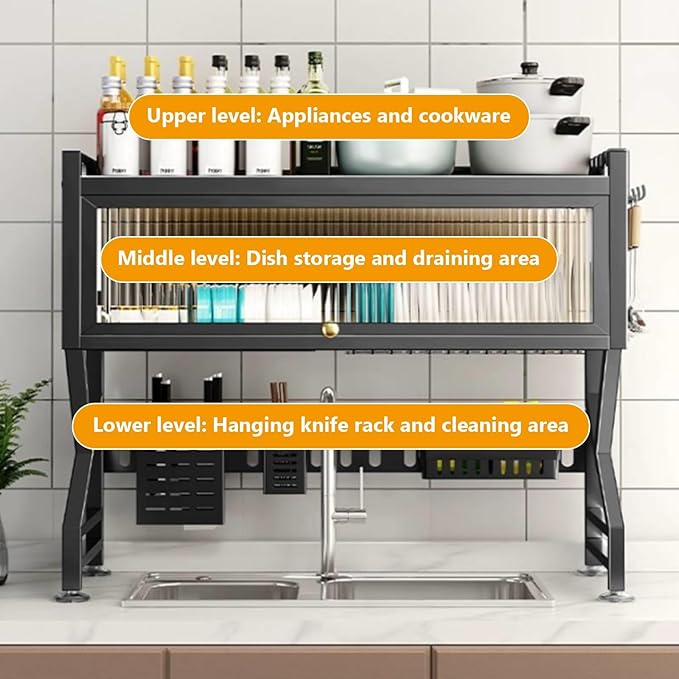 Kitchen sink rack dishwashing sink countertop dustproof cupboard storage multifunctional tableware storage drain rack double layer,KeepKitchen Sink Shlef Organized Space-Saving(Black,65cm/25.6in)
