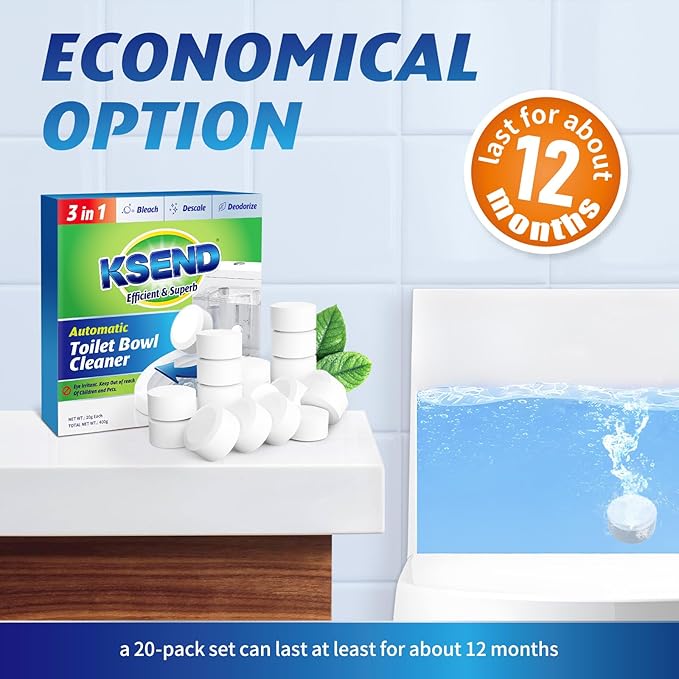 Toilet Bowl Cleaner Tablets - 20 PCS Automatic Bleach Toilet Cleaner Tablets, Slow-Releasing Deodorizing & Descaling, Powerful Bathroom Tank Cleaner