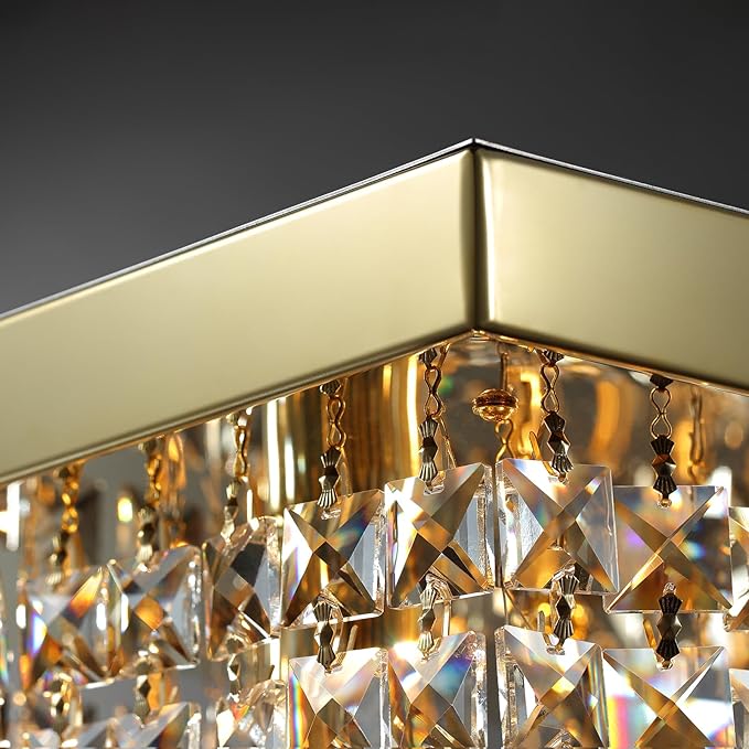 Modern Gold Crystal Chandelier,Rectangular K9 Crystal Raindrop Light Fixture,6 Light Rectangle Chandeliers for Dining Room Living Room Kitchen Island L31.5''xW10''xH10''