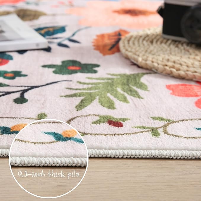Area Rugs 8x10 Rug for Living Room Clearance Washable Boho Area Rug Non Slip Floral Vintage Low Pile Large Rug for Living Room, Bedroom, Farmhouse, Dining Room, Kids Playroom(Beige)