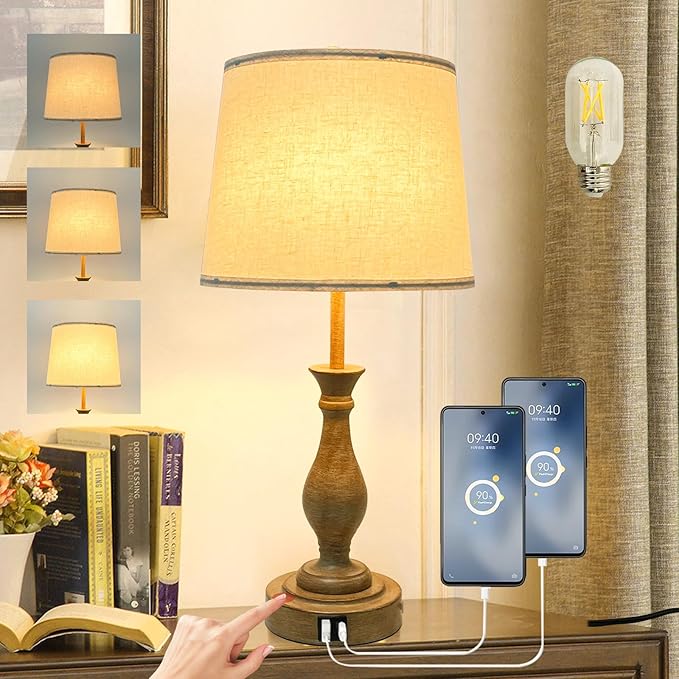 Farmhouse Table Lamp Touch Control 3-Way Dimmable Table Lamp, Modern Nightstand Lamp with 2 USB Port Bedside Desk Lamp with Fabric Shade for Living Room (Pack 1-Beige Shade & Touch)