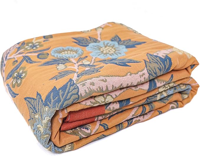Snycler Boho Throw Blanket for Bed - 100% Cotton Ultra Soft Rustic Quilt Blanket Orange Bird Floral Printed Farmhouse Decor Bed Blankets, 80"×90" All Season Rustic Throw for Sofa Couch Chair