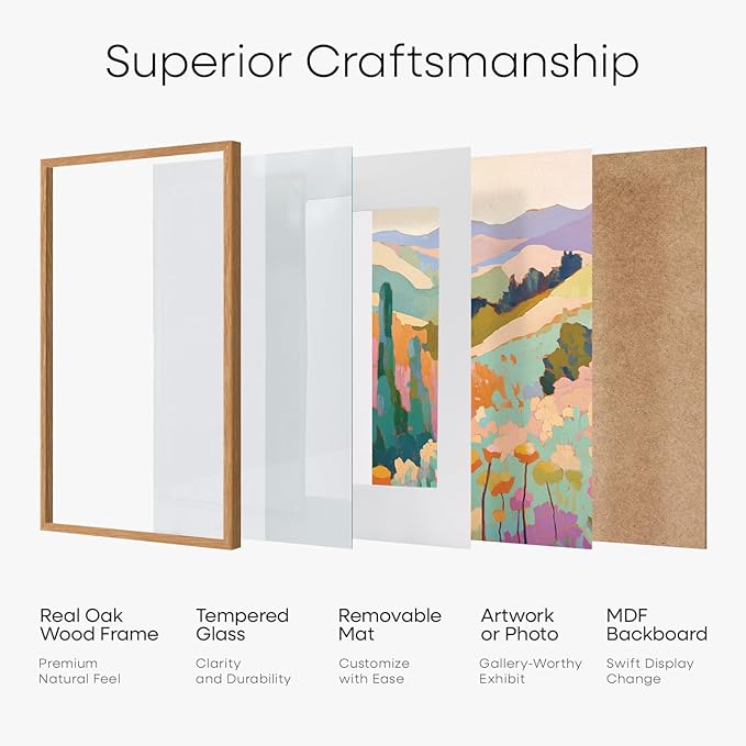 Homeforia 20x30 Picture Frame Wood, High End Natural Oak 20 x 30 Frame with Mat 16 by 24, 20x30 Light Wooden Poster Frames Matted to 16x24 Photo, 30by20 Large Frame, Tempered Glass, Wall Kit, Set of 1