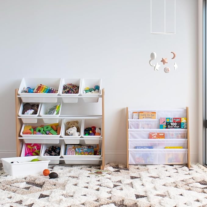 Humble Crew Kids Toy Storage Organizer with 12 Plastic Bins, Natural Wood/White – Removable Bins for Playroom, Bedroom, Toddler Furniture for Boys and Girls Ages