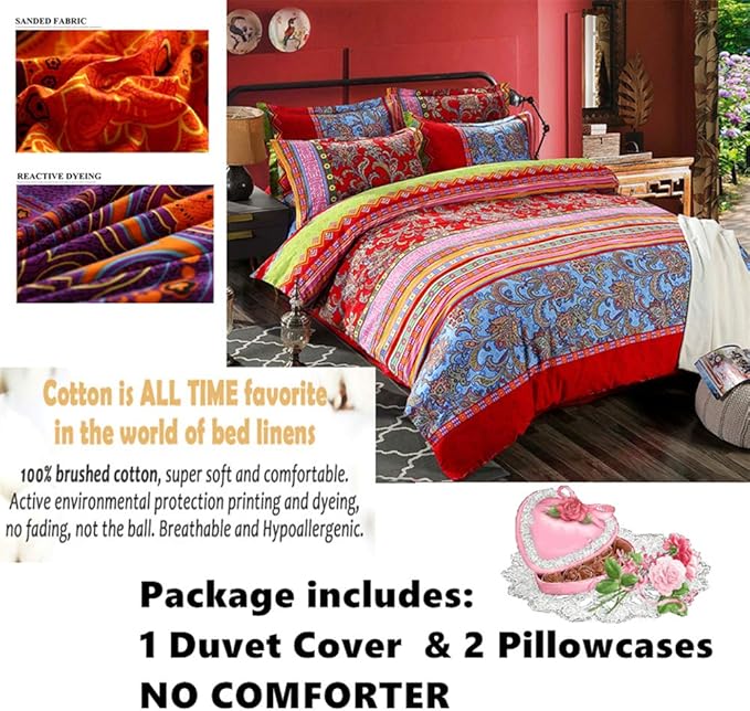 ABREEZE Bohemian Duvet Cover Set Colorful Red Boho Retro Bedding Set Damask Paisley Cotton Duvet Cover Tribal Reversible Bedding Exotic Style Comforter Cover 3-Piece Full