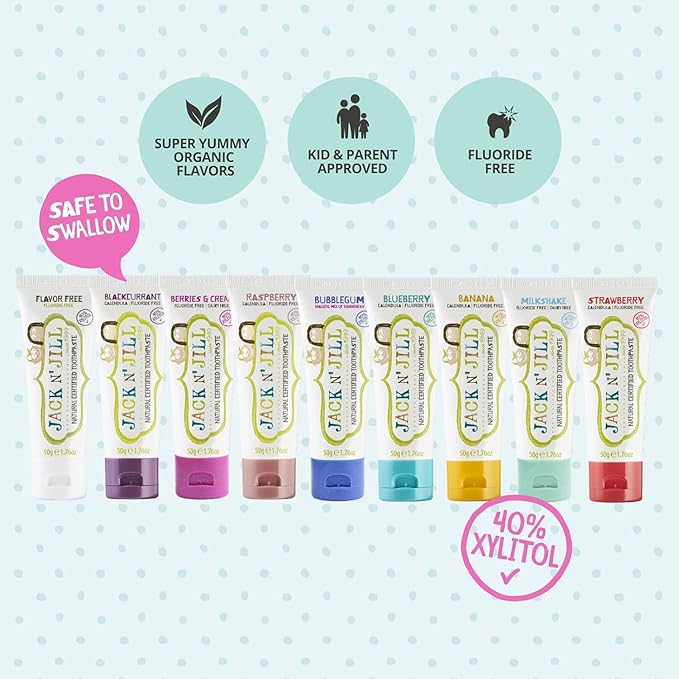 Jack N' Jill Natural Toothpaste for Baby and Infants - Fluoride Free Training Toothpaste, 40% Xylitol, BPA Free - Berries N' Cream, 1.76 oz (Pack of 1)