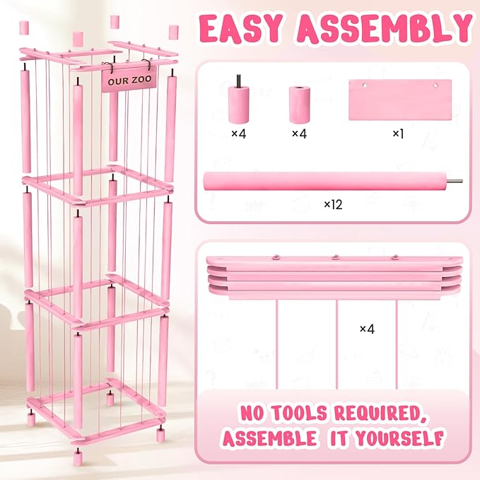 Stuffed Animal Storage & Organizer, Wooden Cute Zoo Toy Holder for Toddler Rooms, Playrooms & Bedrooms(Pink)