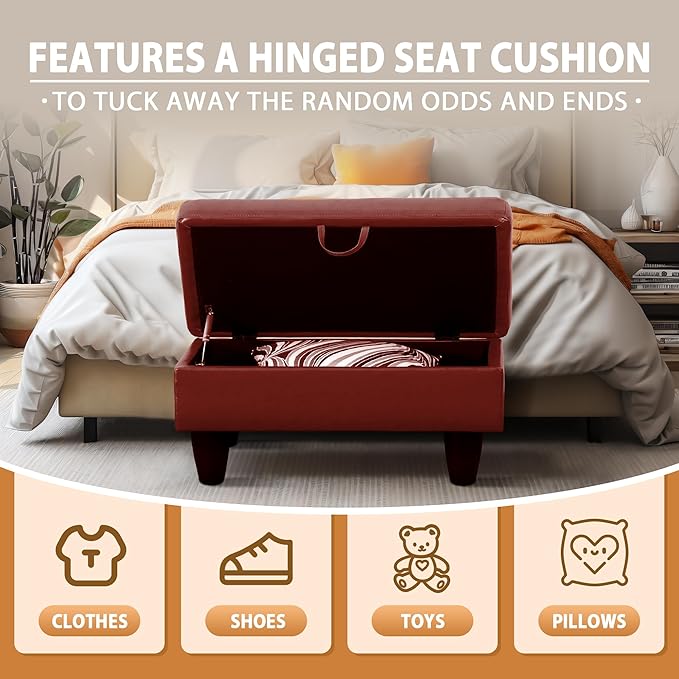 Ottoman Rectangular Storage Ottoman Bench, Faux Leather Footrest, Coffee Table, Stool Footstool with Hinged Lid for Living Room, Bedroom, Entryway, Red, 28.5"x19"x17.5"