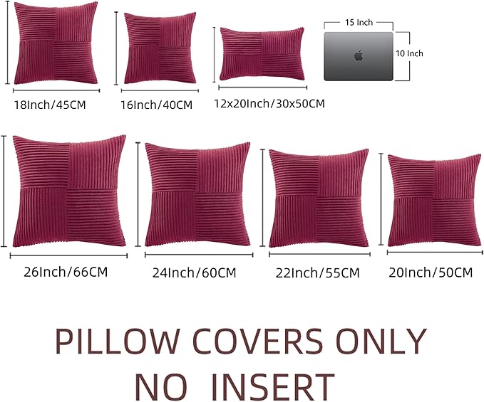 Fancy Homi 2 Packs Burgundy Big Decorative Throw Pillow Covers 24x24 Inch for Living Room Couch Bed Sofa, Rustic Farmhouse Boho Home Decor, Soft Corss Corduroy Patchwork Accent Cushion Case 60x60 cm