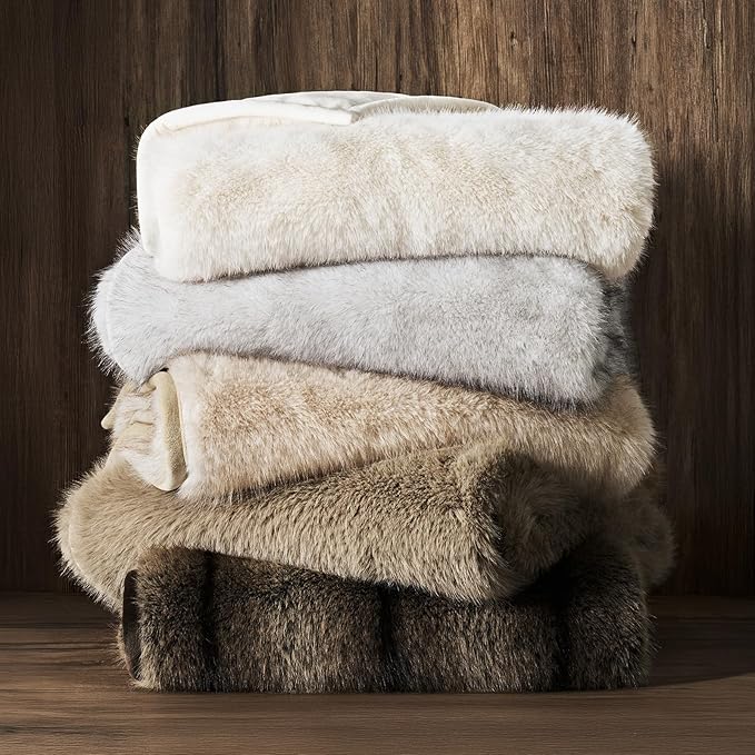 Luxury Faux Fur Throw Blanket, Soft Fluffy Faux Mink Blankets for Bed, Couch, Sofa, Thick Cozy Plush Warm Fur Throws with Reversible Velvet, Tipped Golden Fox, 60"x80"