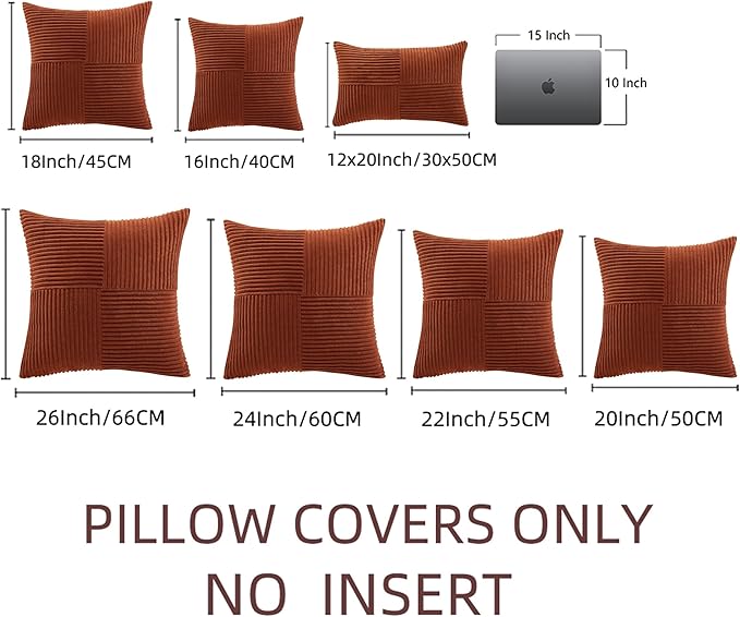 Fancy Homi 2 Packs Rust Decorative Throw Pillow Covers 16x16 Inch for Living Room Couch Bed, Rustic Farmhouse Boho Home Decor, Soft Corss Patchwork Corduroy Square Terracotta Cushion Case 40x40 cm