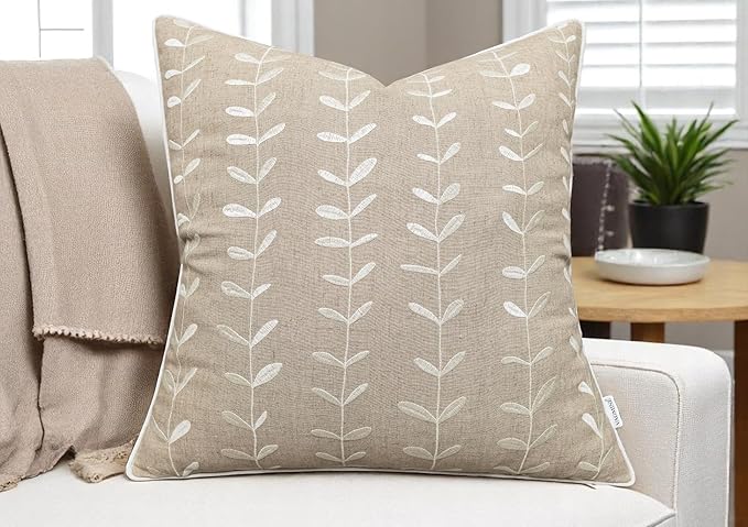 VAGMINE Embroidered Lollipop Pillow Cover - 18x18 Inches Square - 100% Linen Natural Decorative Cushion Cover - Farmhouse Rustic Embroidery - Cozy Accent for Sofa, Bed, Living Room, Neutral Home Decor