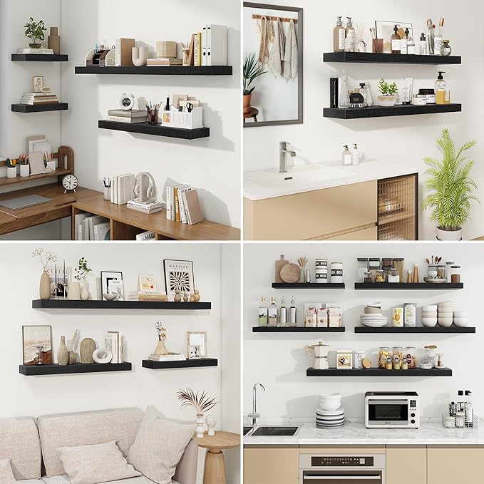 fuqing Floating Shelves for Wall, Bathroom Shelf Wall Mounted for Storage, Shelves with Invisible Bracket for Bedroom, Kitchen, Living Room, Farmhouse Small Book Shelf, 30 Inch Set of 2, Black