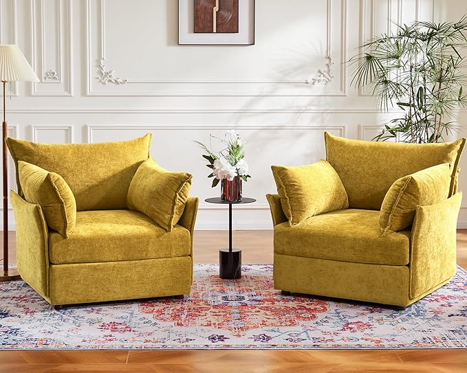 Oversized Accent Chair, 24.5" Deep Seat Large Reading Armchair with Removable Backrest & Detachable Cover,Chenille Yellow for Living Room/Bedroom/Office