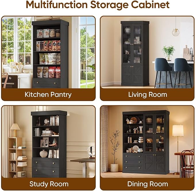 Vyre 71" Tall Farmhouse Bookshelves with Drawers, Set of 3 – Large Modular Bookcase with Adjustable Shelves, Storage Cabinet for Living Room, Kitchen, Home Office, Black