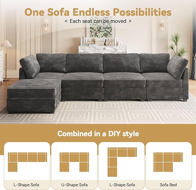 Modular Sectional Sofa with Chaise U Shaped Sectional Couch for Living Room, 5-Seater Comfy Cloud Couches with One Movable Ottoman, Plush Corduroy, Gray