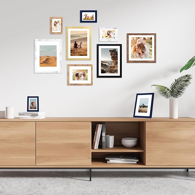 10x14 Picture Frame Set of 4, 10 x 14 Wood Photo Frames with Mat for 8x12 or 30x40cm Diamond Painting Art, Wooden Frame with Real Glass Cover for Wall and Tabletop Display,Brown