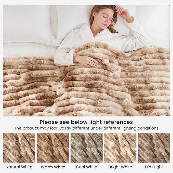 Cozy Bliss Faux Fur Throw Blanket for Couch, Cozy Warm Plush Striped Blanket for Sofa Bedroom Living Room, 50 * 60 Inches Tie-dye Kahki