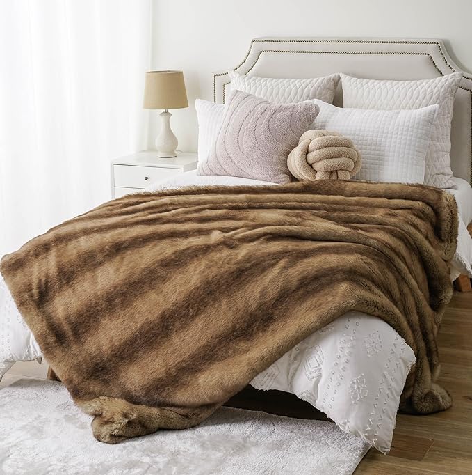 BATTILO HOME Luxury Ochre Faux Fur Throw Blanket, Soft Cozy Mink Fur Blanket for Couch, Sofa, Bed, Plush Warm Fuzzy Fall Fur Throw and Blankets for Home Decor, 50"x60"