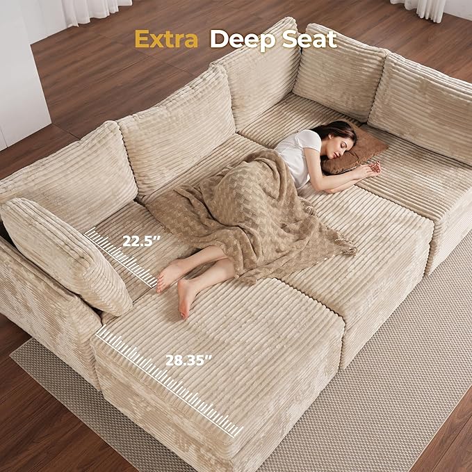 HOOOWOOO Modular Sectional Sofa,5 Pieces Sectional Couches for Living Room,98X66 L Shaped Cloud Couch with Ottoman Chaise Set(Beige Velvet Corduroy)