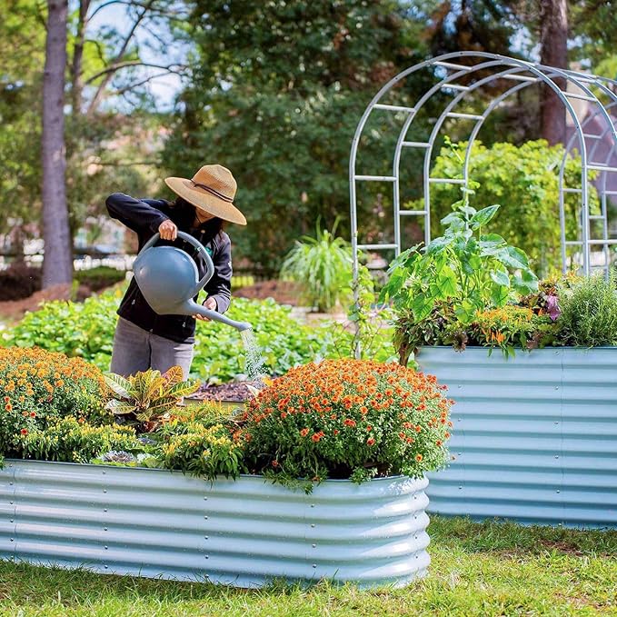 Vego garden 32" Extra Tall Raised Garden Bed Kits, 10 in 1 Modular Raised Planter Box for Vegetables Flowers Fruits Oval Metal Raised Garden Bed, Sky Blue