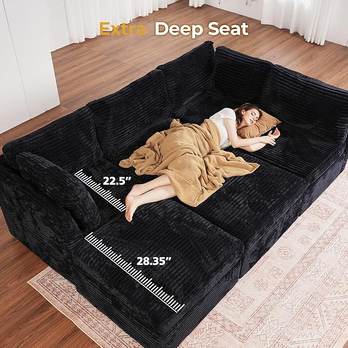 HOOOWOOO Modular Sectional Sofa,8 Pieces Sectional Couches for Living Room,131X98 L Shaped Cloud Couch with Ottoman Chaise Set(Black Velvet Corduroy)