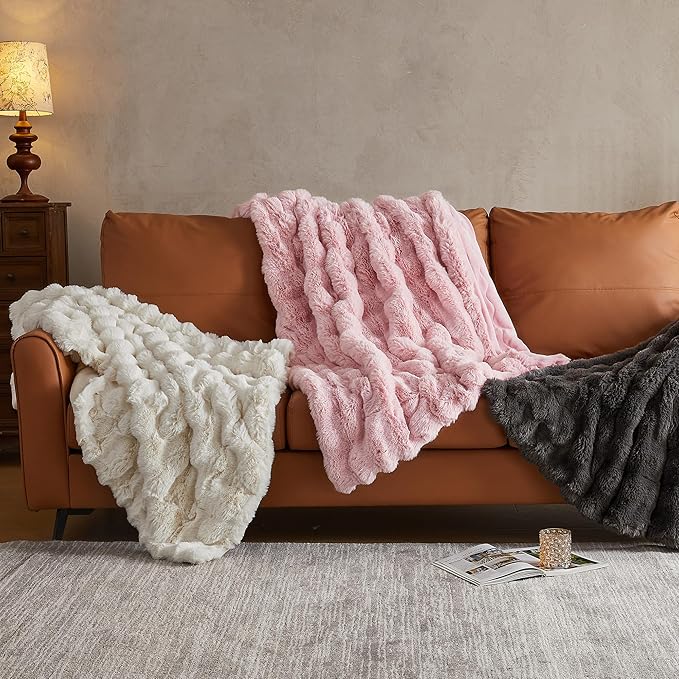 JELLYMONI Faux Fur Throw Blanket, Dark Grey, Cozy Plush Bubble Bed Throw, Thick and Warm, 50" X 60"