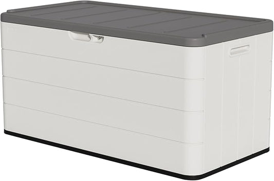 100 Gallon Plus Resin Deck Box, Waterproof Outdoor Storage Bin for Patio Furniture, Pool Accessories, and Garden Tools, Lockable & UV-Resistant, White