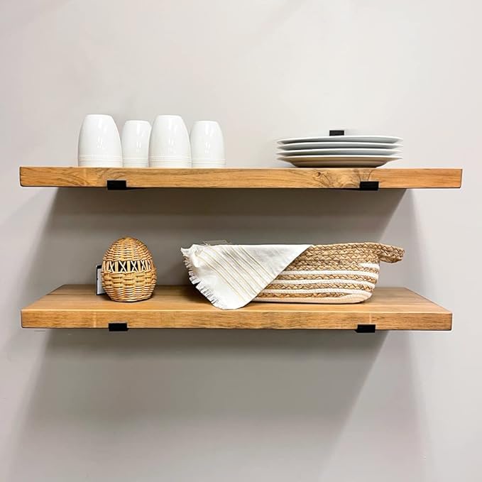 Rustic Shelves with J-Brackets Set of 2, Industrial Shelf, Kitchen Shelves, Solid Wood, Decorative Wall Storage, Heavy Duty, URBANDI (Brown, 24Wx10D)