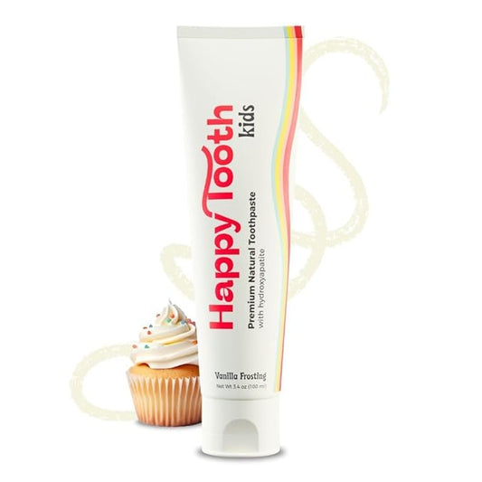 Happy Tooth Hydroxyapatite Toothpaste, Fluoride Free, Natural Whitening for Kids, Toddlers and Adults, SLS Free, Enamel Safe, Dentist Formulated with Clean Ingredients, Vanilla Frosting Flavor, 3.4oz
