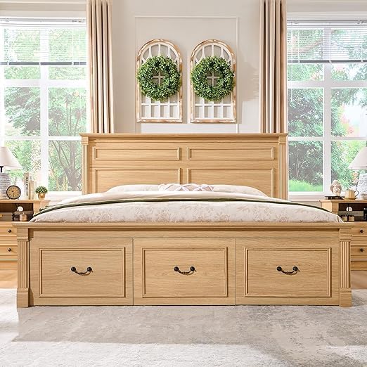26" Tall Farmhouse Nightstand Set of 2, 2 Drawers End Table w/Charging Station, 23.6" Wide Large Side Tables w/Roman Column, Wood Rustic Sofa Tables w/Open Shelf, Bedside Table for Bedroom, Natrual