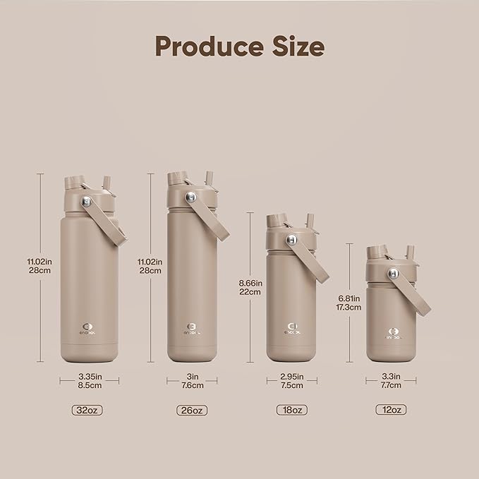 Kids Insualated Water Bottle with Straw - 12oz Stainless Steel Water Bottle with Dual Spouts, Leak-Proof, BPA-Free, Double Wall Vacuum Keeps Cold for 24 Hours for Sports, Travel, School (Raw Umber)