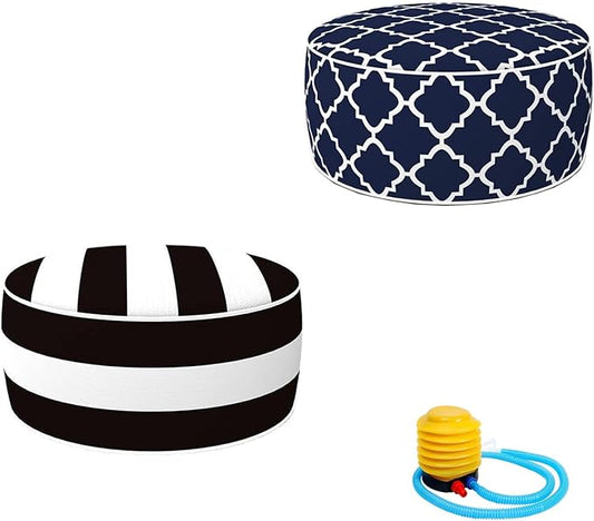 2 Pcs Outdoor Pouf, D21”x H9” Waterproof Outdoor Inflatable Ottoman with Foot Pump, Portable Patio Pouf for Garden Camping or Home Use
