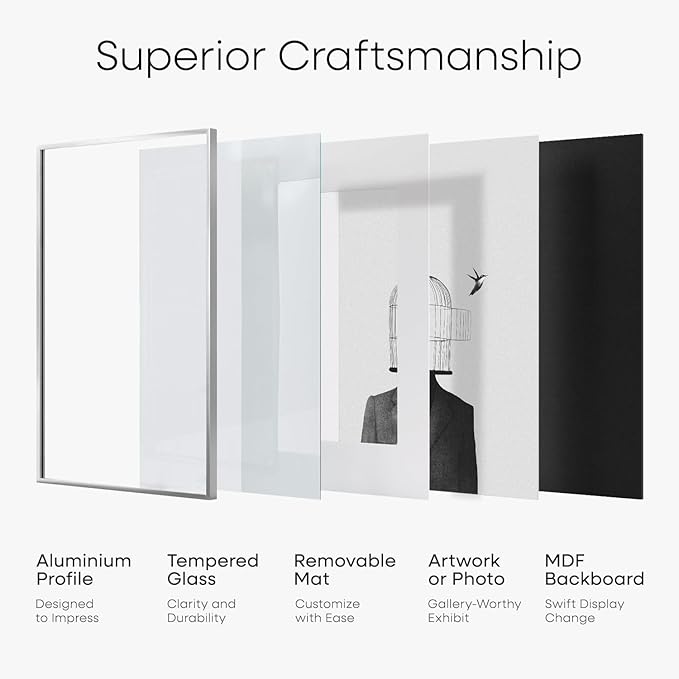Homeforia 11 x 17 Frame Silver, High End Metal 11x17 Picture Frames with Mat 8x12 for Photo, 11 x 17 Silver Poster Frame Matted to 8 x 12 Print, 17x11 Hanging Frame, Tempered Glass, Wall Kit, Set of 1
