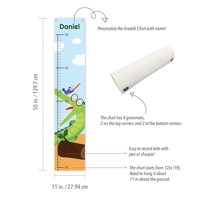Personalized Kids Canvas Growth Chart, Height Chart, Growth Chart Banner, Crocodile