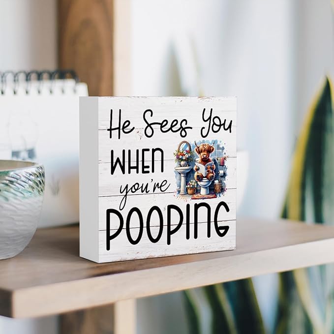 Funny Highland Cow Decor Memorial Day Fourth of July Independence Day Decorations Red White and Blue Decor, Rustic Farmhouse Home Office Wooden Box Sign for Bathroom - He Sees You When You're Pooping