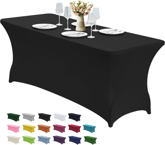CWK 6FT Waterproof Stretch Spandex Table Cover for Rectangular Tables - Elastic Fitted Tablecloth for Folding Tables,Wrinkle Resistant Table Cloth for Parties, Weddings, Banquets & Events (Black)