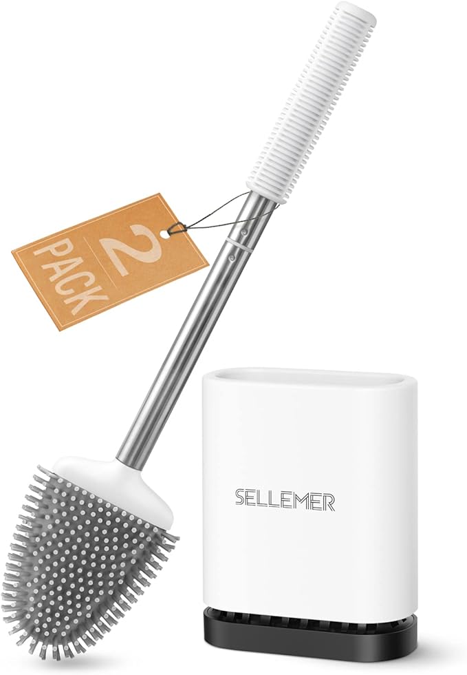 Sellemer Toilet Brush and Holder Set for Bathroom, Flexible Toilet Bowl Brush Head with Silicone Bristles, Compact Size for Storage and Organization, Ventilation Slots Base (2 Pack, Multicolor)
