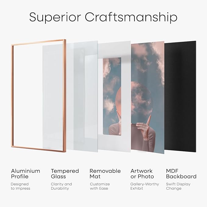 Homeforia A4 Picture Frame Rose Gold, High End Metal 8.3 x 11.7 inch Poster Frames with Mat 5.8 by 8.3 Art, A4 Size Frames Matted to A5 Photo, 8.3x11.7 Wall or Tabletop Frame, Tempered Glass, Set of 1