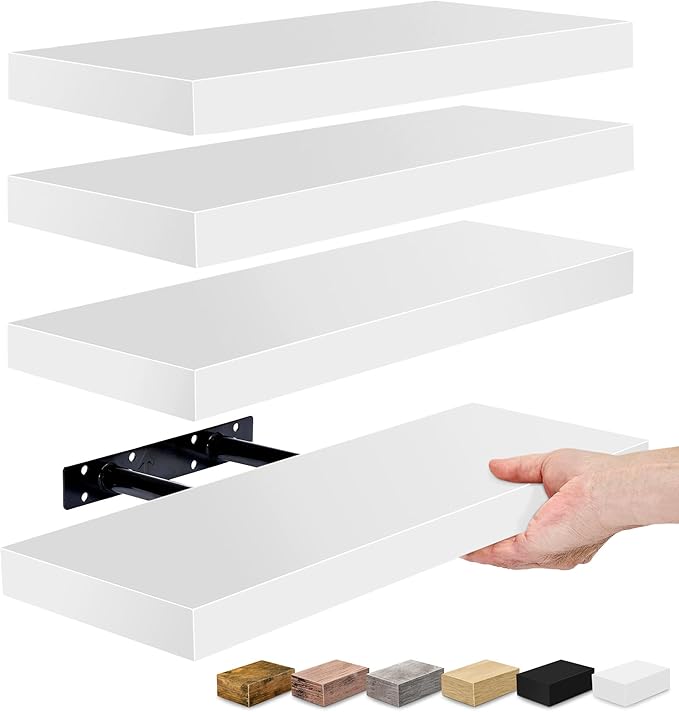 Sorbus Floating Shelves for Wall, Bathroom Shelves Wall Mounted for Kitchen, Bedroom, Living Room, Bathroom Storage, Over Toilet, Hanging Book Shelf for Wall Home Decor (White, 4 Pack)