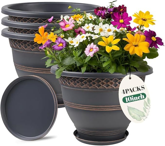 10 Inch 4 Pack Large Plant Pots, Plastic Flower Pot for Indoor & Outdoor with Drainage Holes & Saucer, Plaid Pattern Planters Garden Pots for Herbs