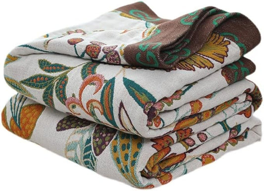 Boho Throw Blanket for Bed 80”x90”, 100% Cotton Woven Blanket for Couch Sofa, Ultra Soft 4-Layer Muslin Quilt with Vintage Floral Printed, Farmhouse Bed Blanket/Cover for Living Room Decor