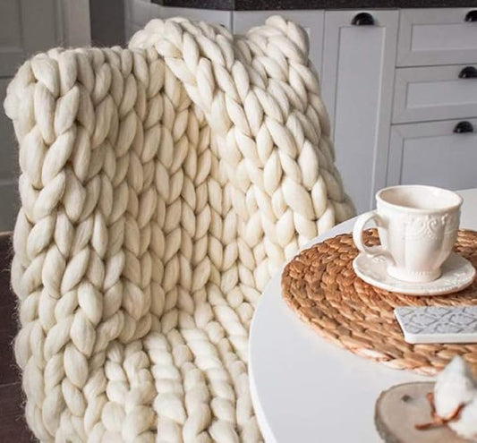 Chunky Knit Blanket Hand Made Merino Wool Throw Boho Bedroom Sofa Home Decor Giant Yarn(Ivory White 40"x47")