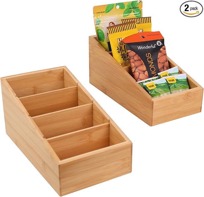 HTB 4-Section Snack Organizer with Removable Dividers for Kitchen, Cabinet, Office, Countertop, 2 Pack Bamboo Pantry Storage Organization for Spice Packets, Seasoning Pouches, Coffee Pods